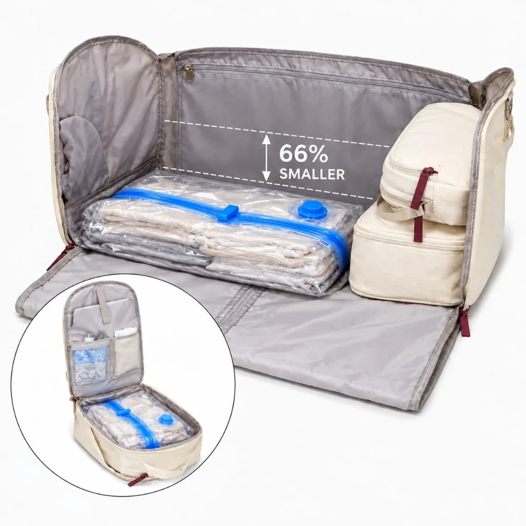 Vacuum bag packed inside a travel bag